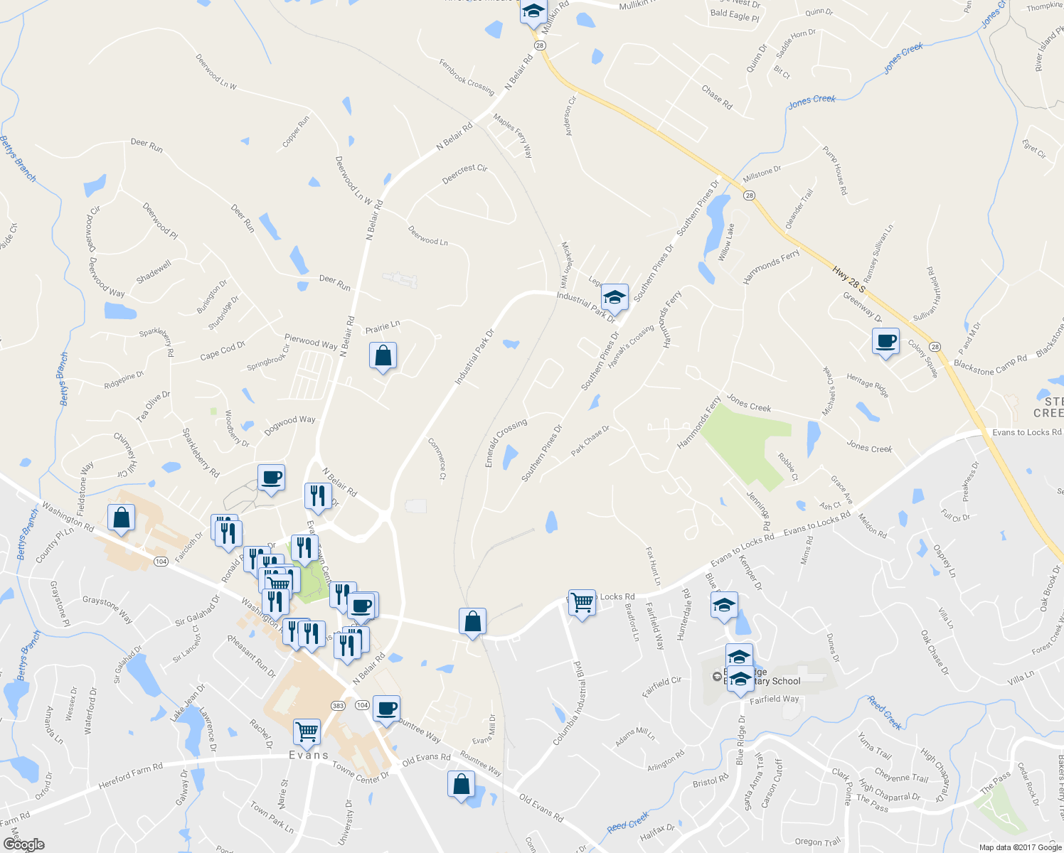 map of restaurants, bars, coffee shops, grocery stores, and more near 606 Emerald Crossing in Evans
