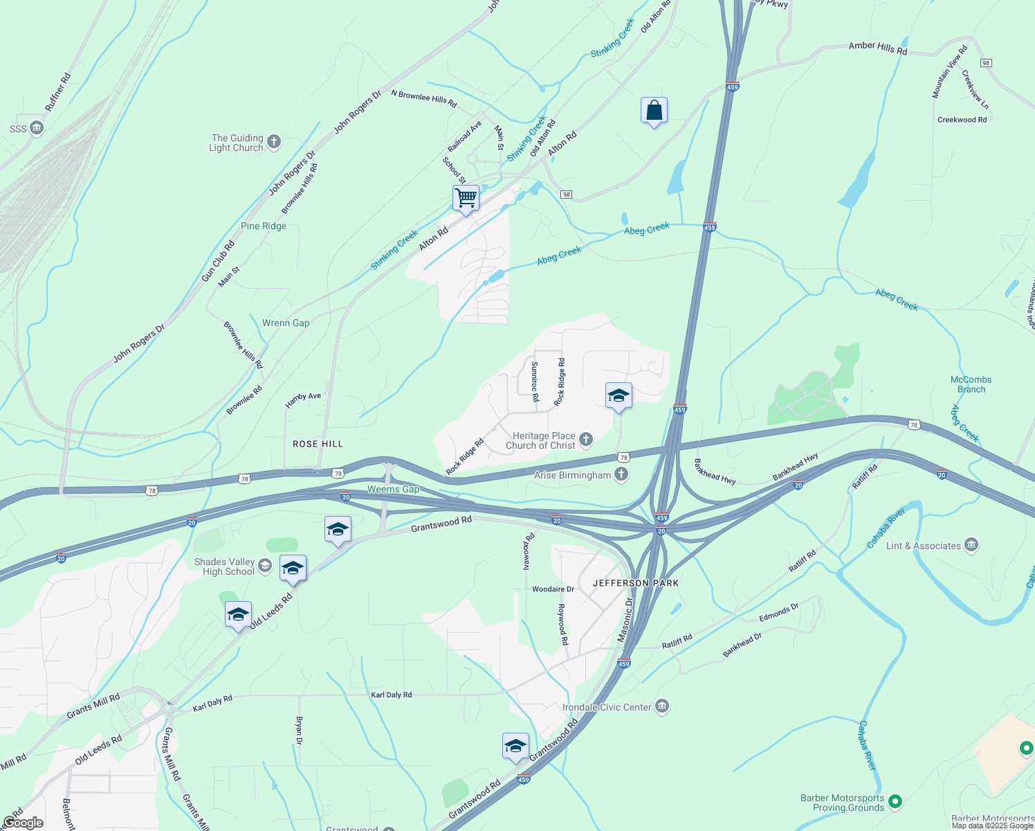 map of restaurants, bars, coffee shops, grocery stores, and more near 3847 Rock Ridge Road in Irondale