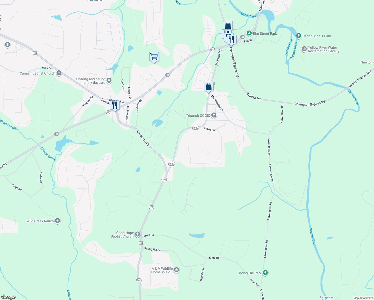 map of restaurants, bars, coffee shops, grocery stores, and more near 65 Dayton Way in Covington