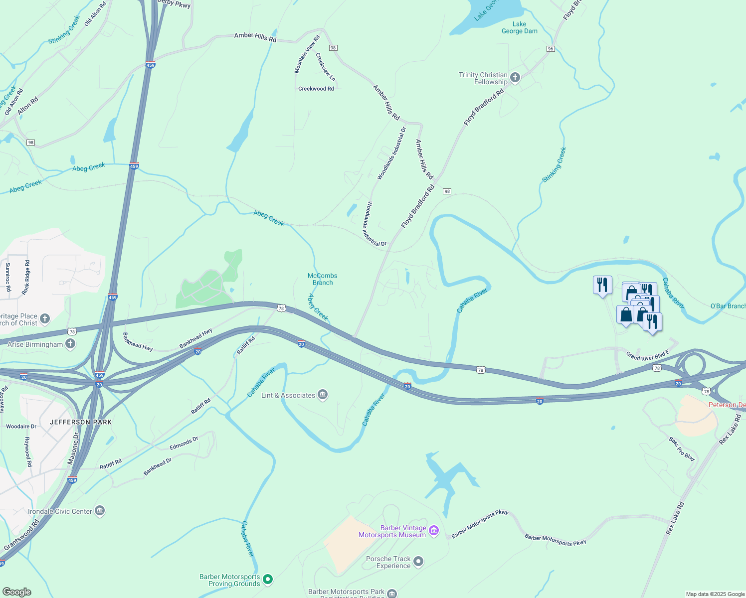 map of restaurants, bars, coffee shops, grocery stores, and more near 1627 Floyd Bradford Road in Trussville