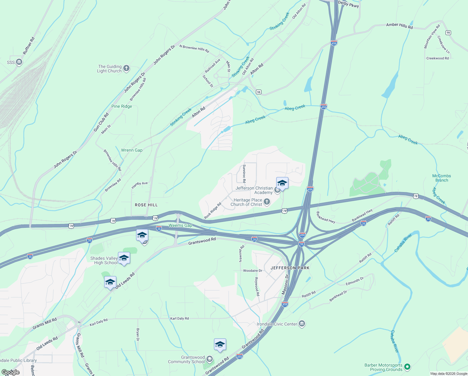map of restaurants, bars, coffee shops, grocery stores, and more near 3847 Rock Ridge Road in Irondale