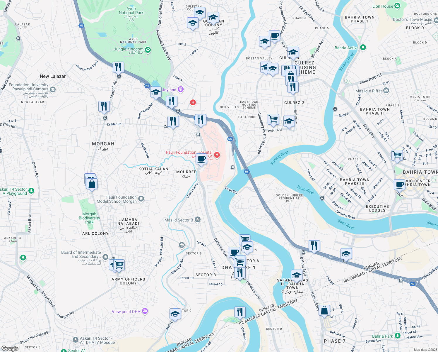 map of restaurants, bars, coffee shops, grocery stores, and more near Sawan Adda Road in Rawalpindi