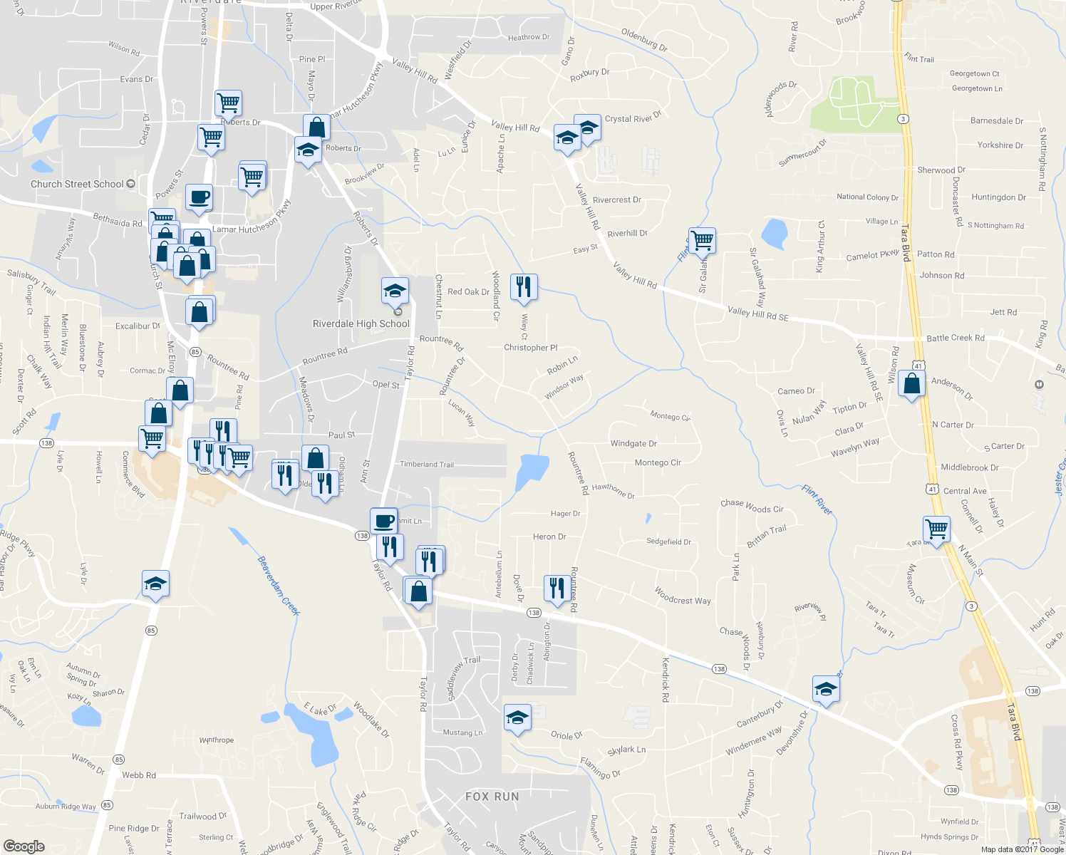 map of restaurants, bars, coffee shops, grocery stores, and more near 212 Hightower Trail in Riverdale