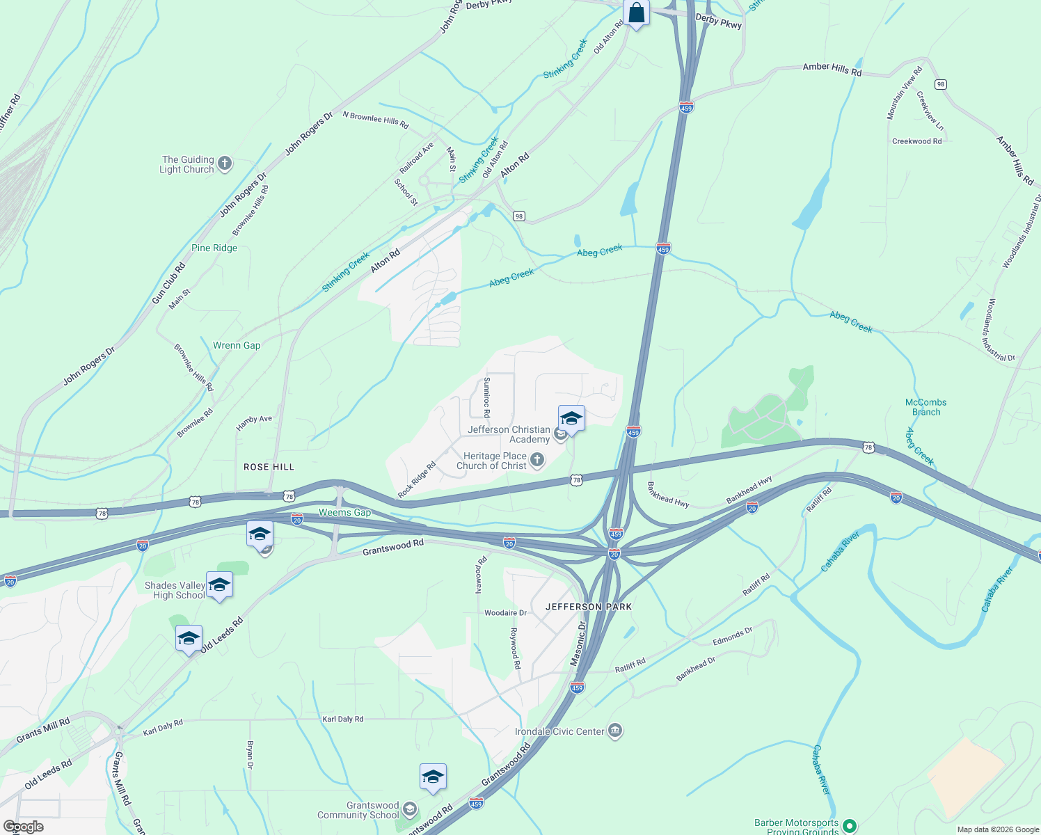 map of restaurants, bars, coffee shops, grocery stores, and more near 3917 Rock Ridge Road in Irondale