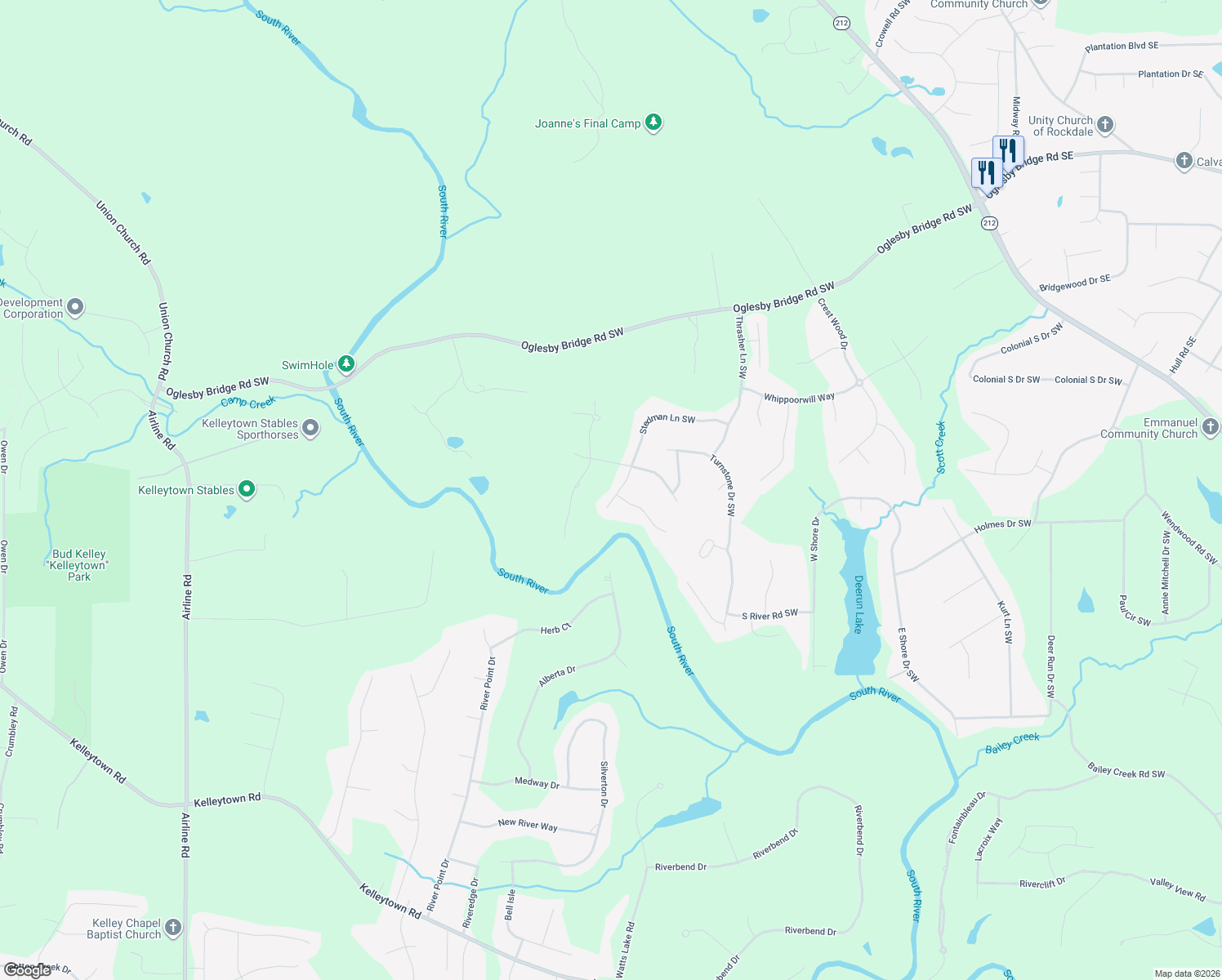 map of restaurants, bars, coffee shops, grocery stores, and more near 2506 Stedman Lane Southwest in Conyers
