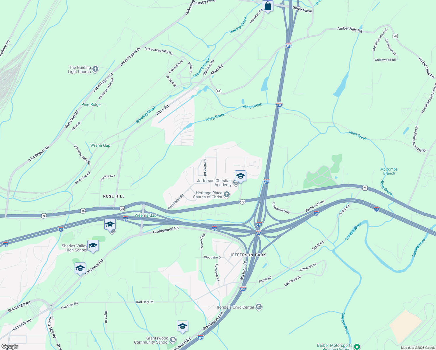 map of restaurants, bars, coffee shops, grocery stores, and more near 3917 Rock Ridge Road in Irondale