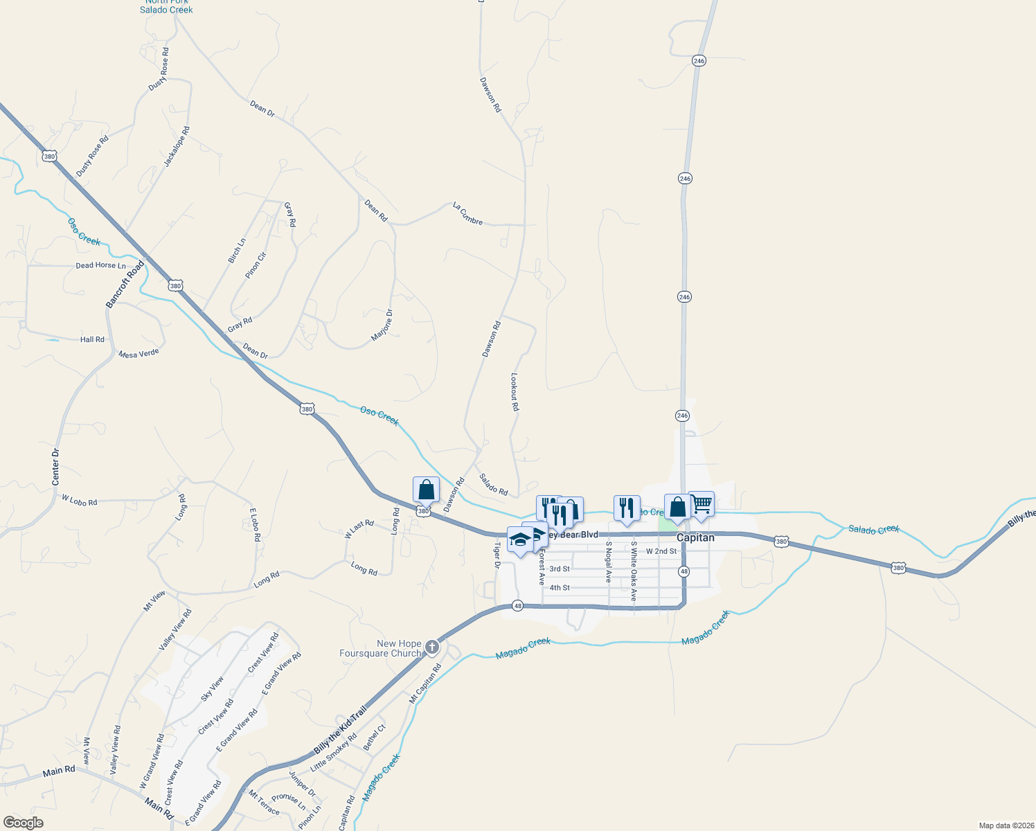 map of restaurants, bars, coffee shops, grocery stores, and more near Lookout Road in Capitan