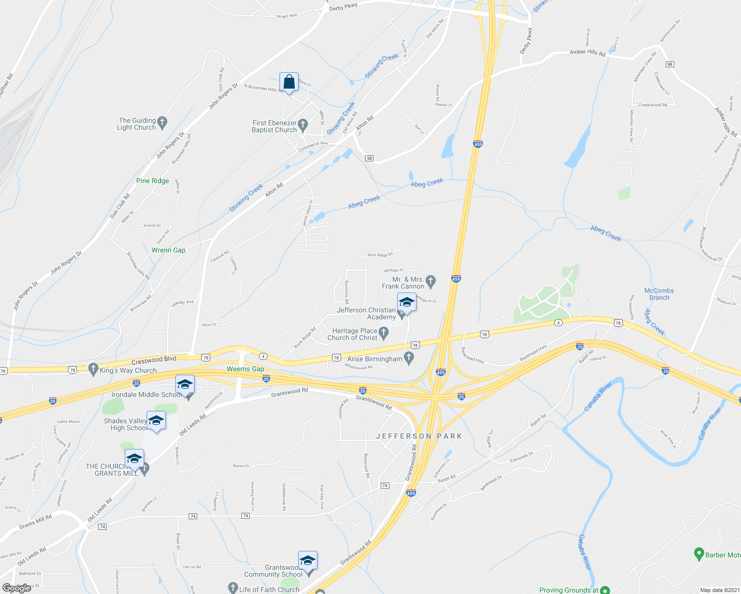 map of restaurants, bars, coffee shops, grocery stores, and more near 3917 Rock Ridge Road in Irondale