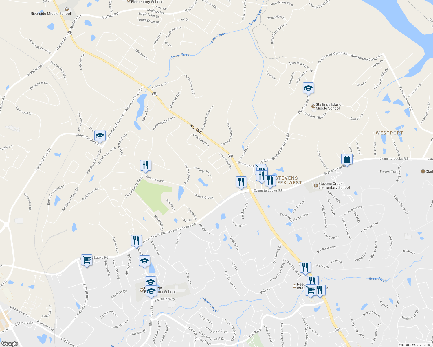 map of restaurants, bars, coffee shops, grocery stores, and more near 4273 Colony Square in Evans