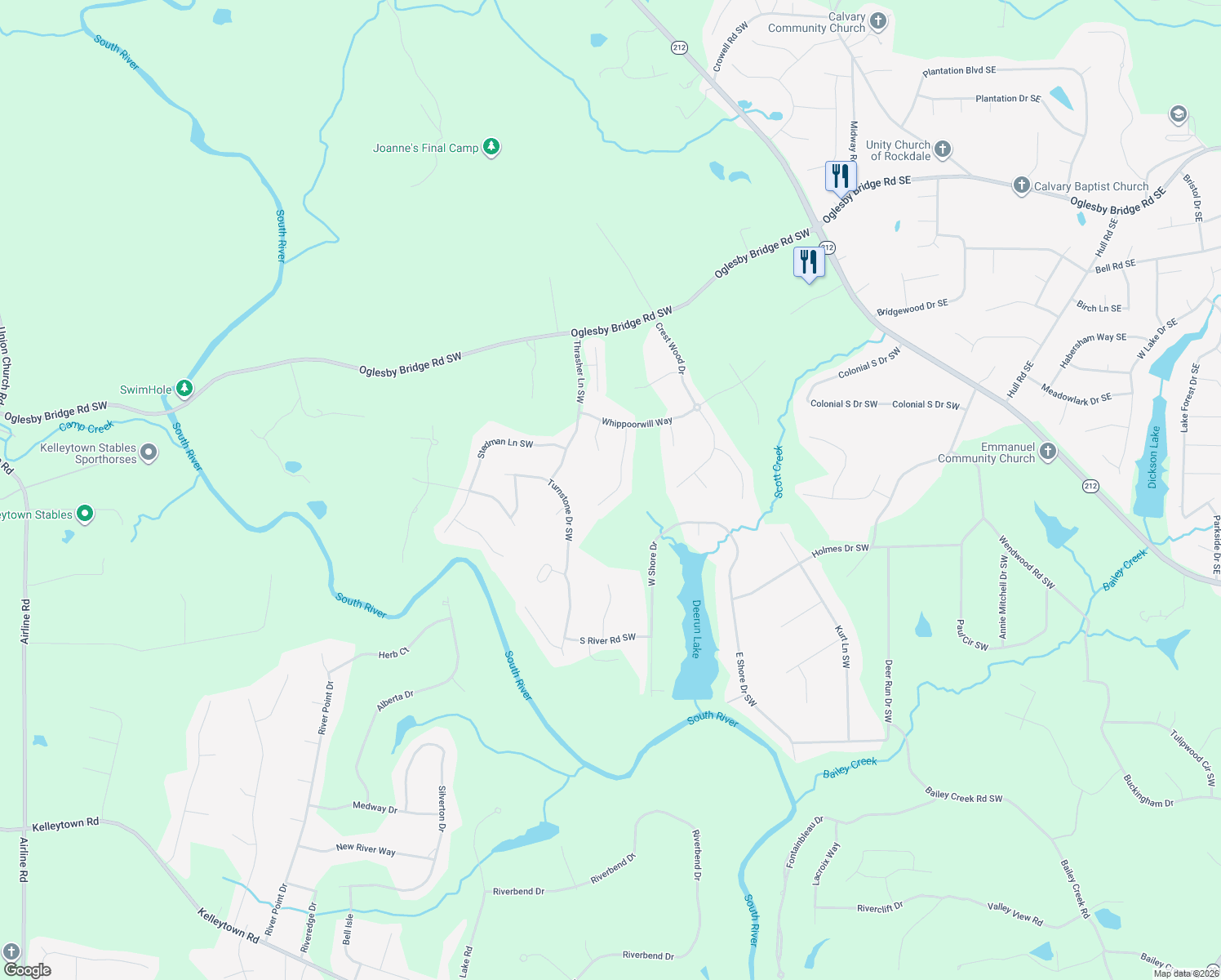 map of restaurants, bars, coffee shops, grocery stores, and more near 2225 Morning Dew in Conyers