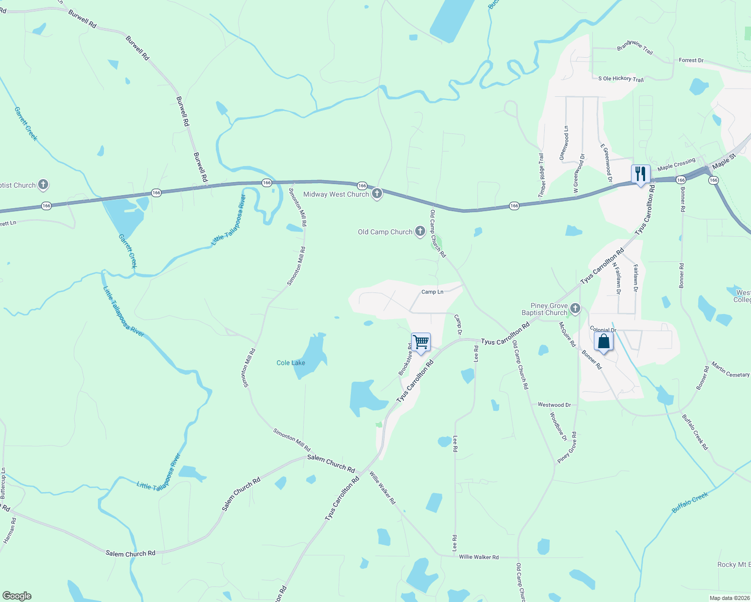 map of restaurants, bars, coffee shops, grocery stores, and more near 296 Camp Dr in Carrollton