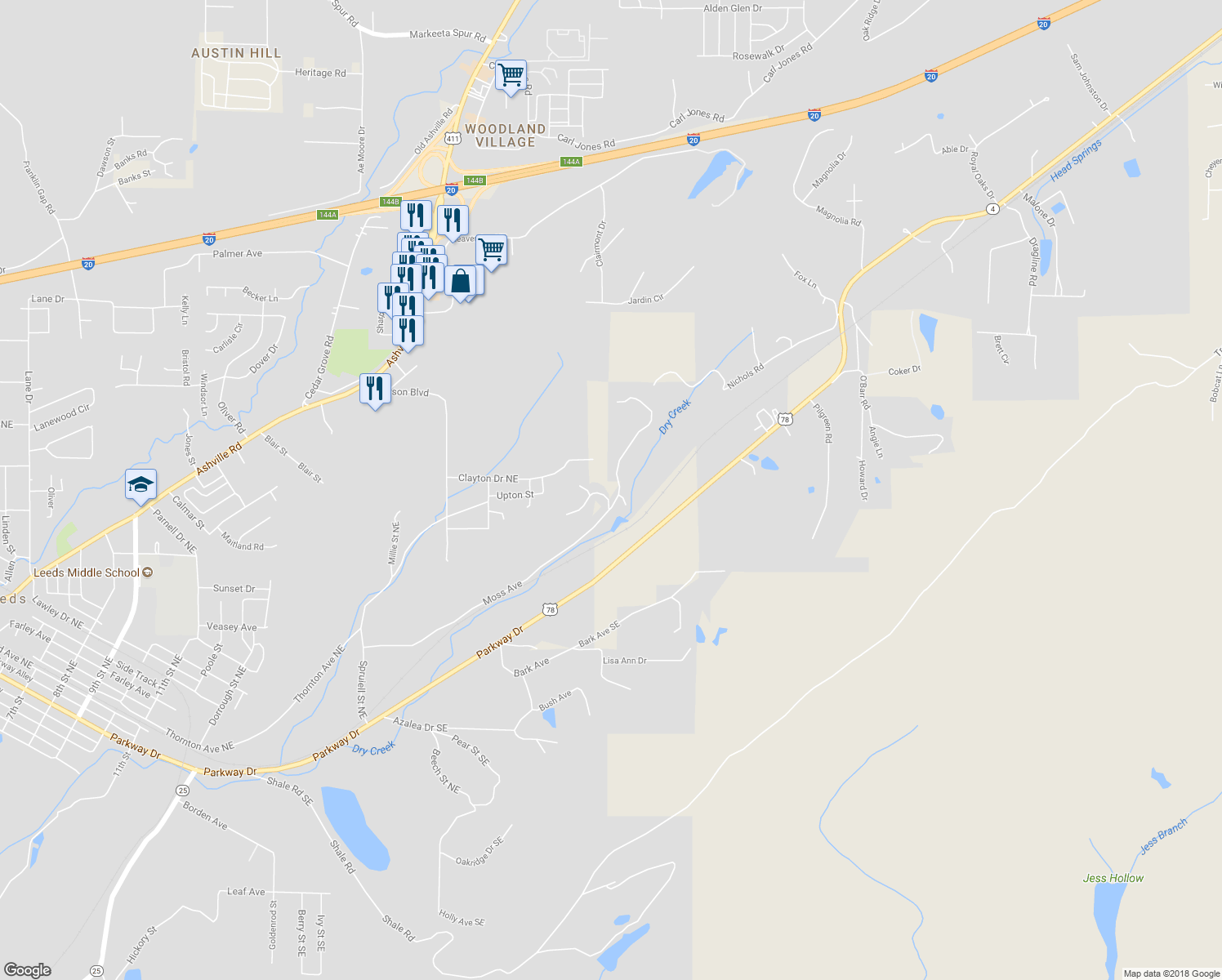 map of restaurants, bars, coffee shops, grocery stores, and more near 2180 Moss Avenue in Leeds