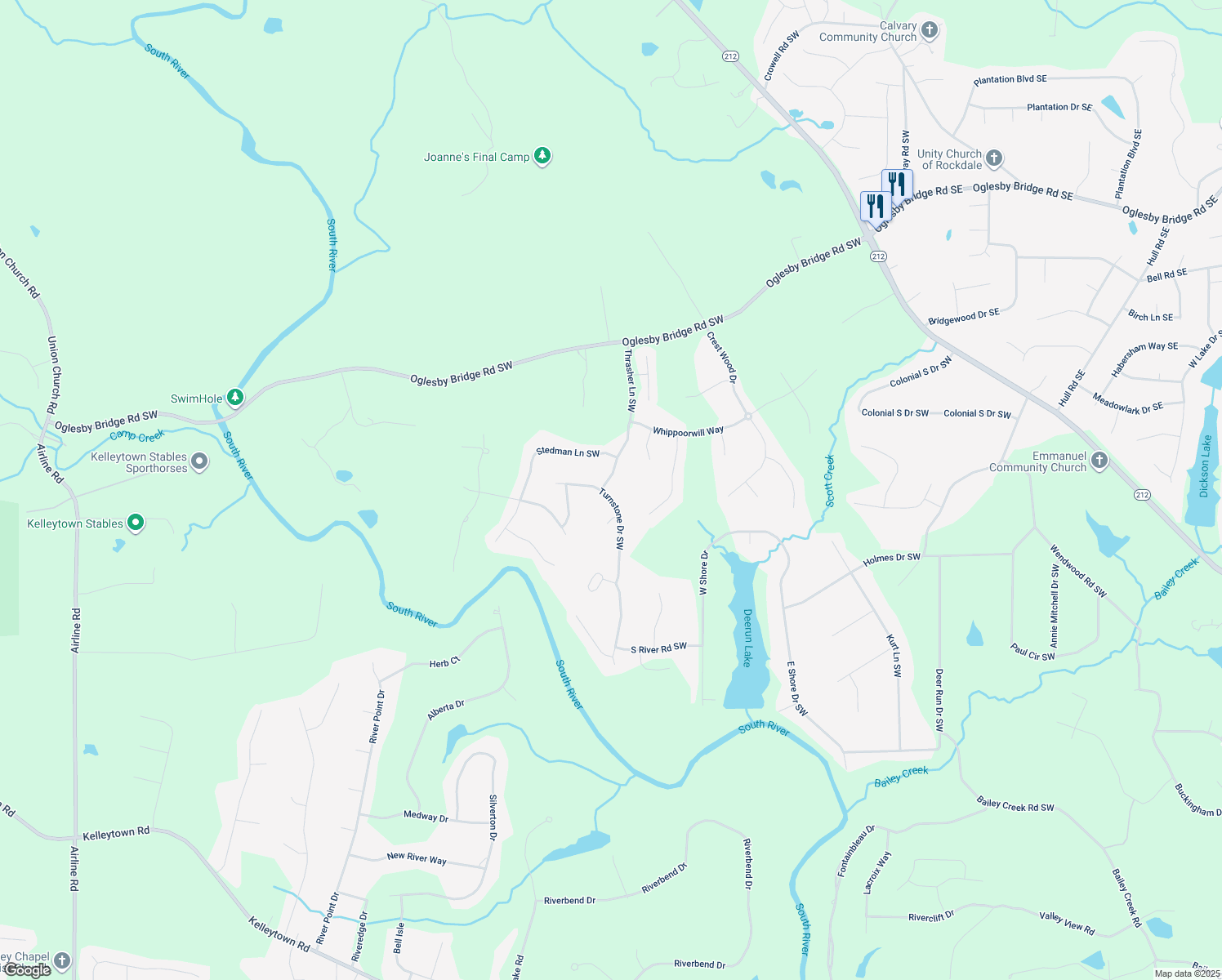 map of restaurants, bars, coffee shops, grocery stores, and more near 5700 Thrasher Lane Southwest in Conyers