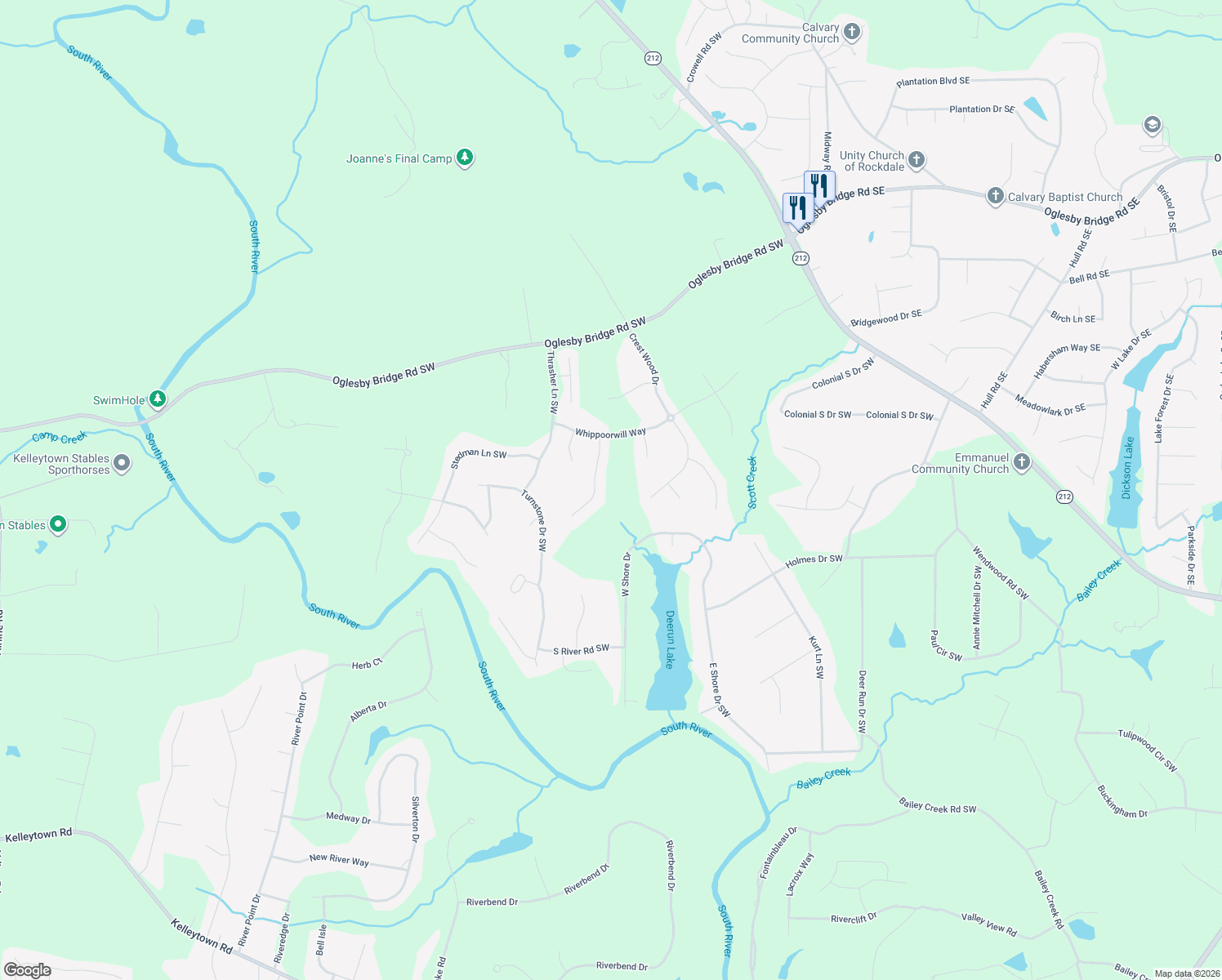 map of restaurants, bars, coffee shops, grocery stores, and more near 2225 Morning Dew in Conyers