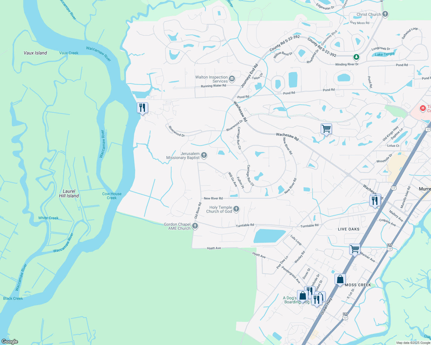 map of restaurants, bars, coffee shops, grocery stores, and more near 1503 Will Go Avenue in Murrells Inlet