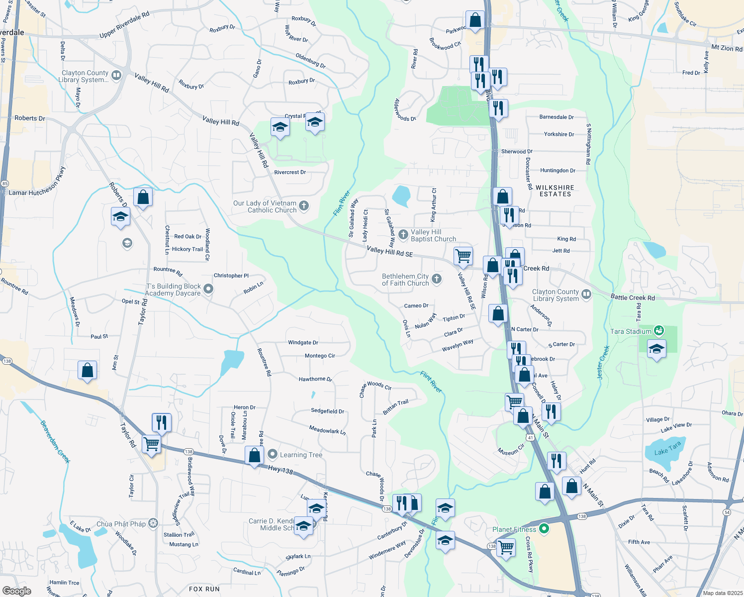 map of restaurants, bars, coffee shops, grocery stores, and more near 7371 Ovis Court in Riverdale