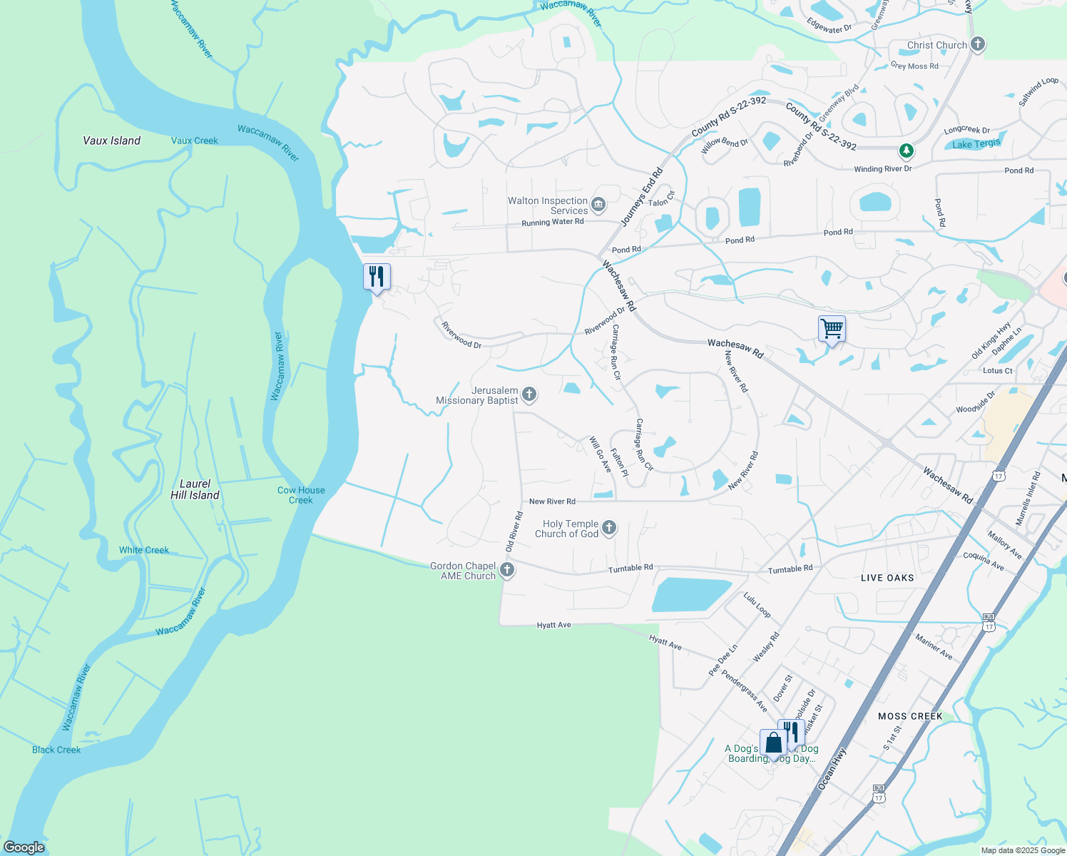 map of restaurants, bars, coffee shops, grocery stores, and more near 4303 Old River Road in Murrells Inlet