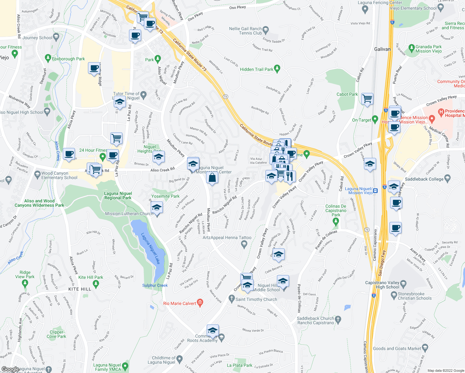 map of restaurants, bars, coffee shops, grocery stores, and more near 24974 La Pantera in Laguna Niguel