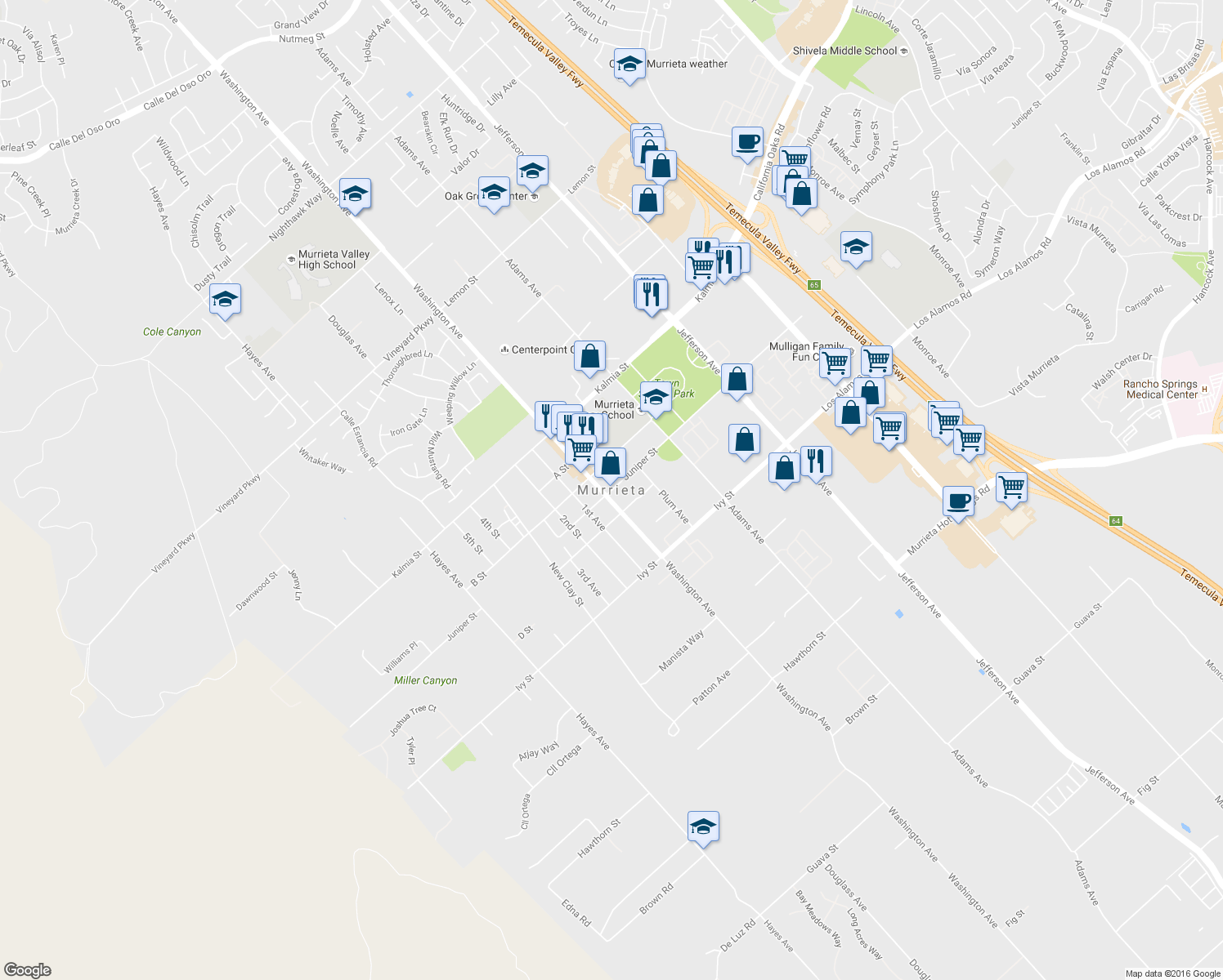 map of restaurants, bars, coffee shops, grocery stores, and more near 42081 Juniper Street in Murrieta