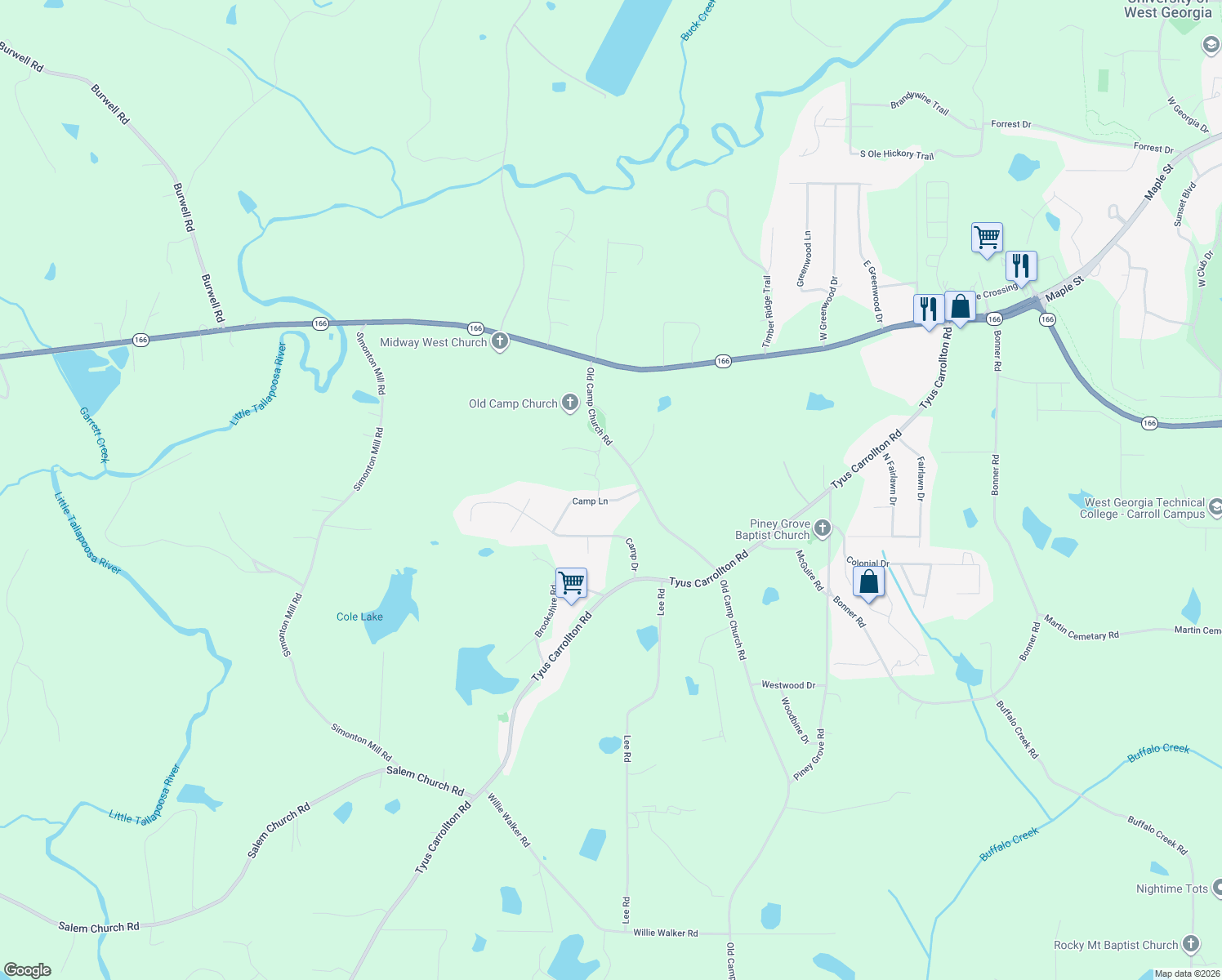 map of restaurants, bars, coffee shops, grocery stores, and more near 55 Camp Ln in Carrollton