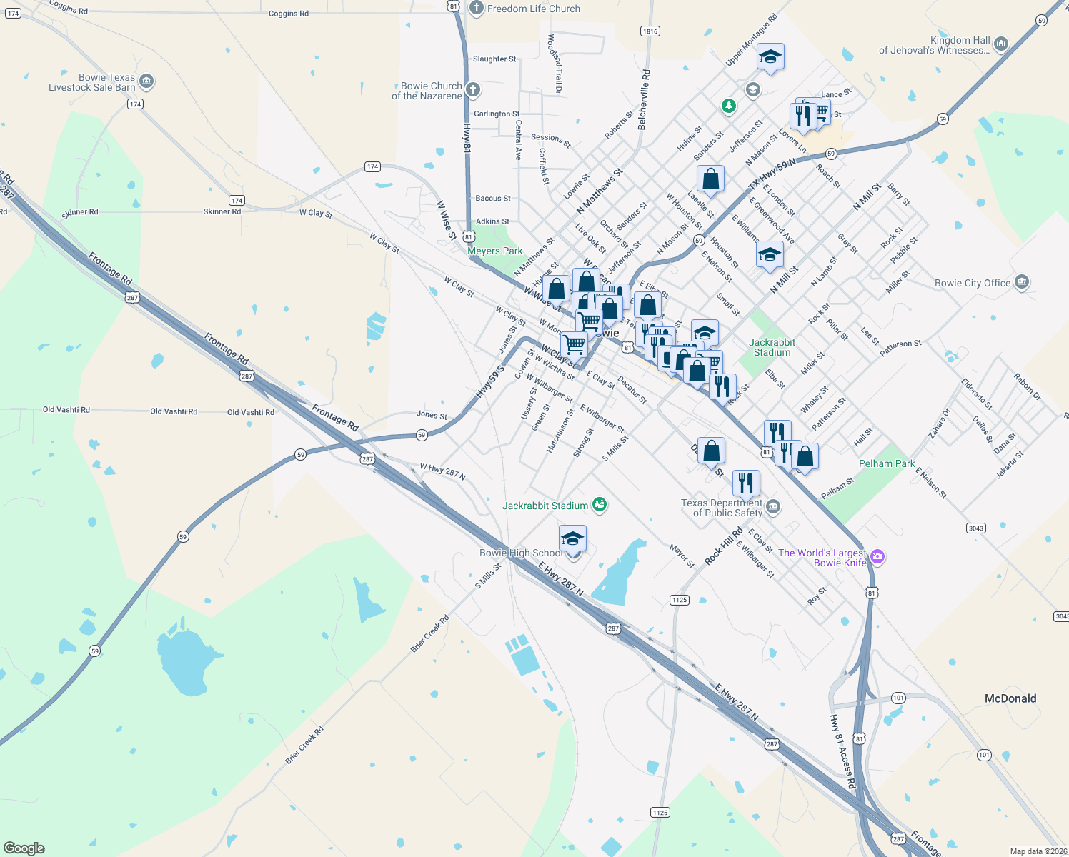 map of restaurants, bars, coffee shops, grocery stores, and more near 501 Green Street in Bowie