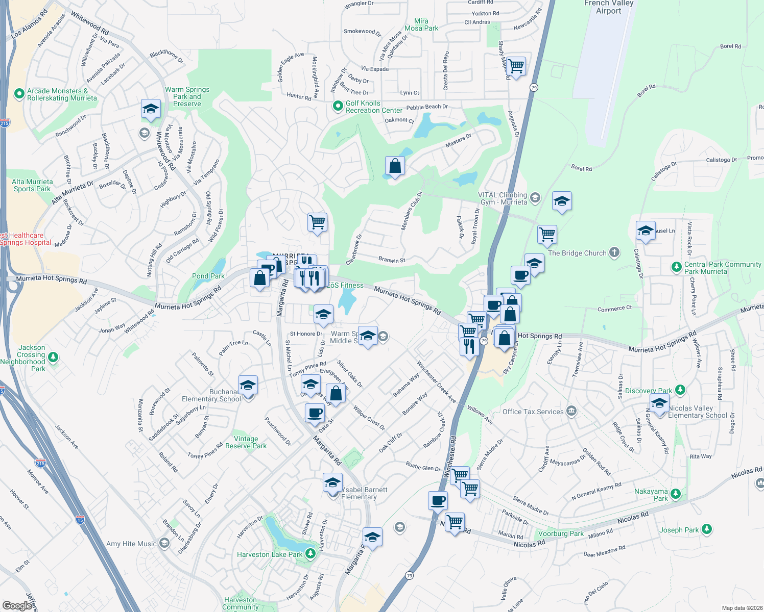 map of restaurants, bars, coffee shops, grocery stores, and more near 28926 Calle Del Lago in Murrieta