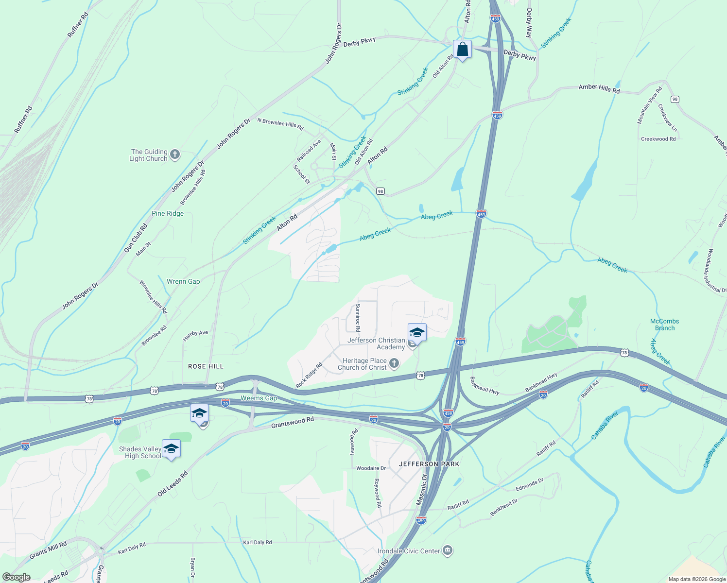 map of restaurants, bars, coffee shops, grocery stores, and more near 5200 Rock Ridge Place in Irondale