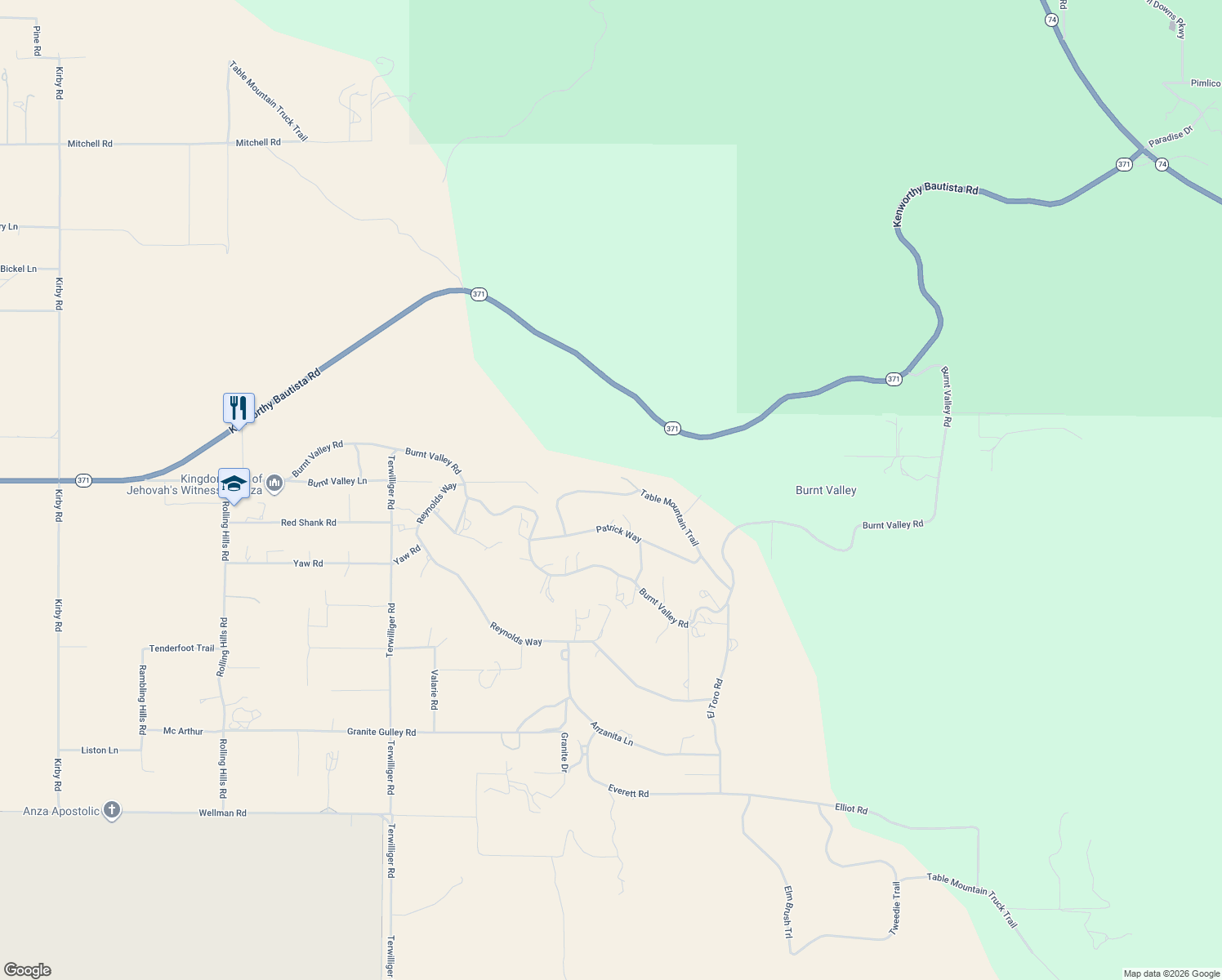 map of restaurants, bars, coffee shops, grocery stores, and more near Table Mountain Trail in Anza