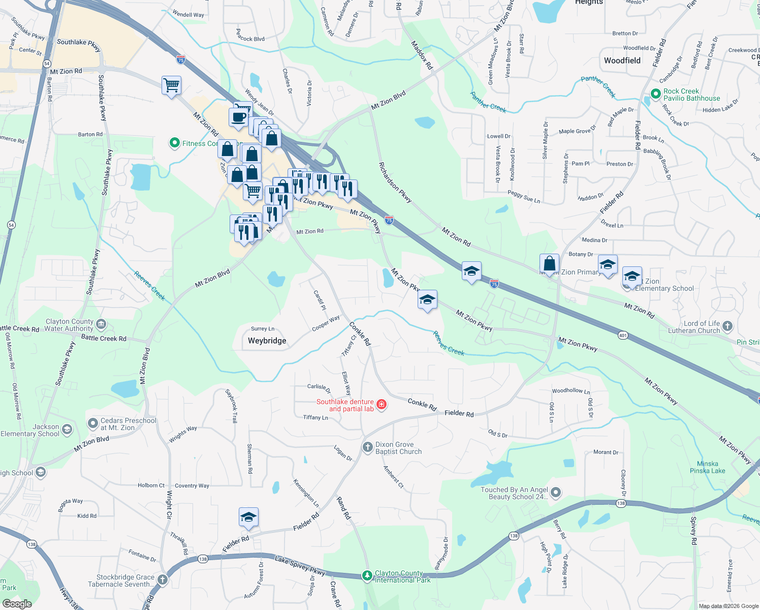 map of restaurants, bars, coffee shops, grocery stores, and more near 7321 Bridlewood Court in Jonesboro