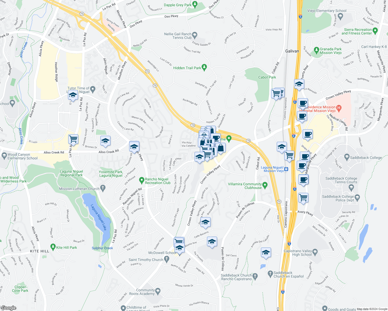 map of restaurants, bars, coffee shops, grocery stores, and more near 25223 Via Lido in Laguna Niguel