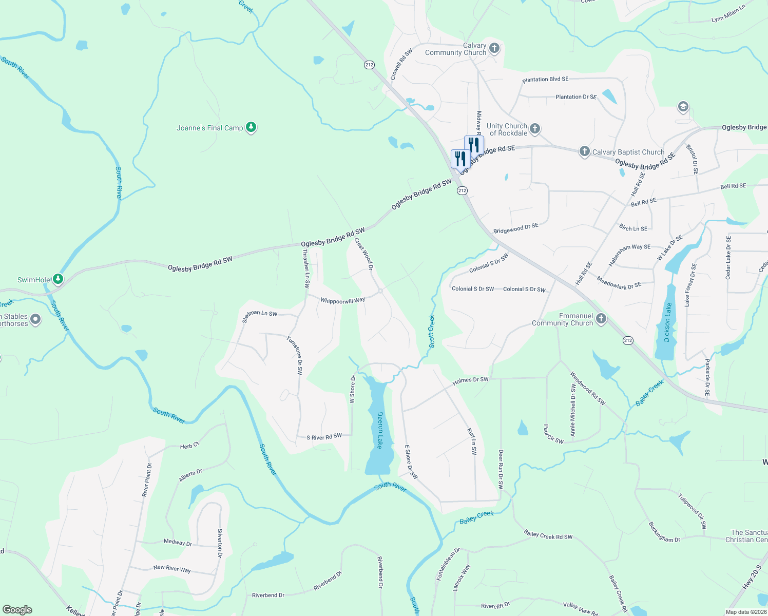 map of restaurants, bars, coffee shops, grocery stores, and more near 2140 Crest wood Drive in Conyers