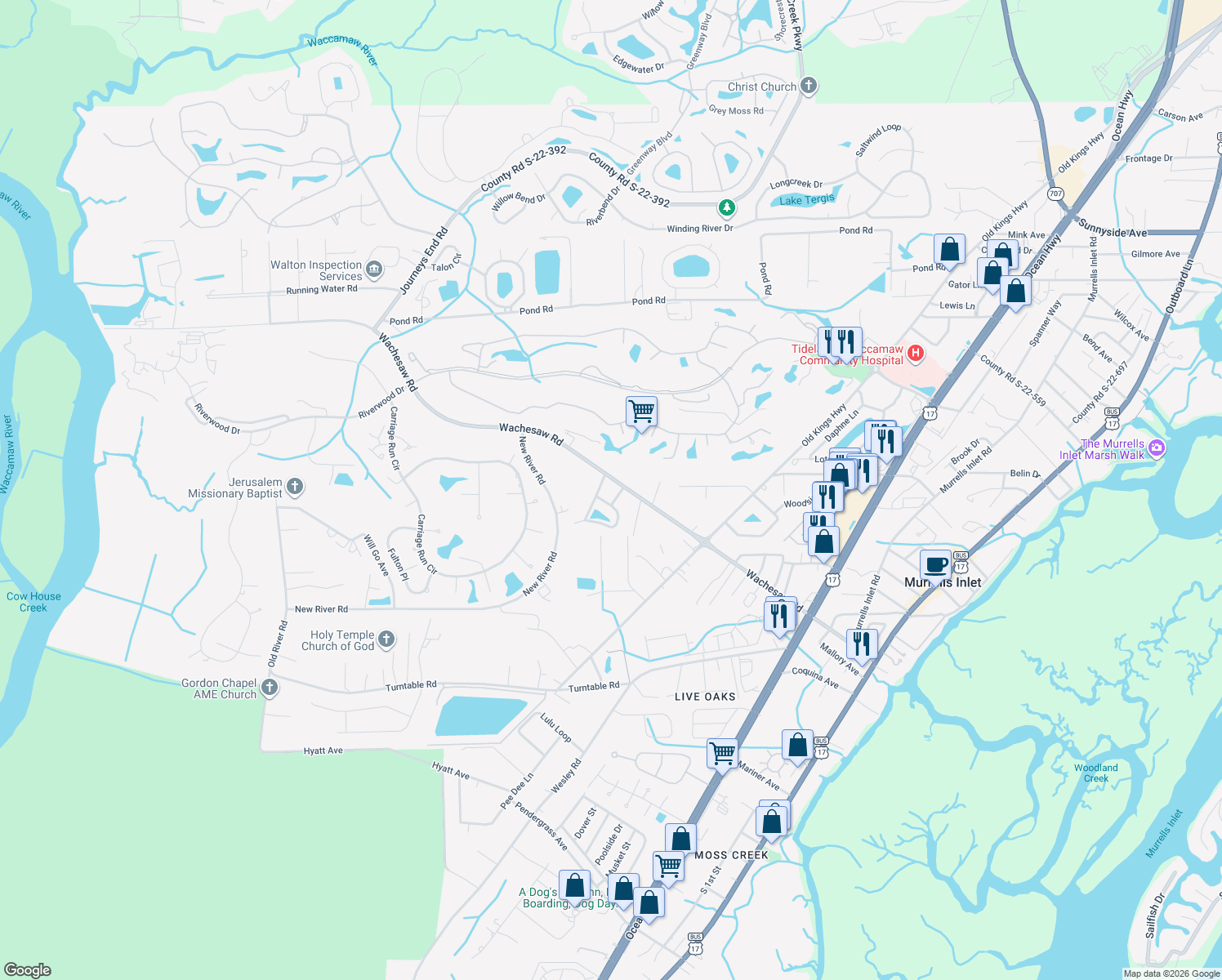 map of restaurants, bars, coffee shops, grocery stores, and more near 4042 Long Leaf Lane in Murrells Inlet