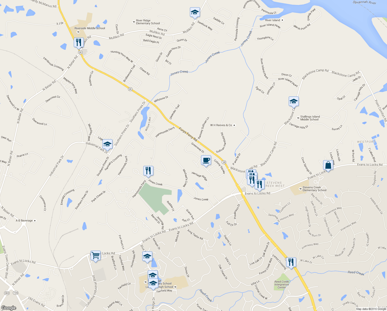map of restaurants, bars, coffee shops, grocery stores, and more near 3525 Greenway Drive in Evans