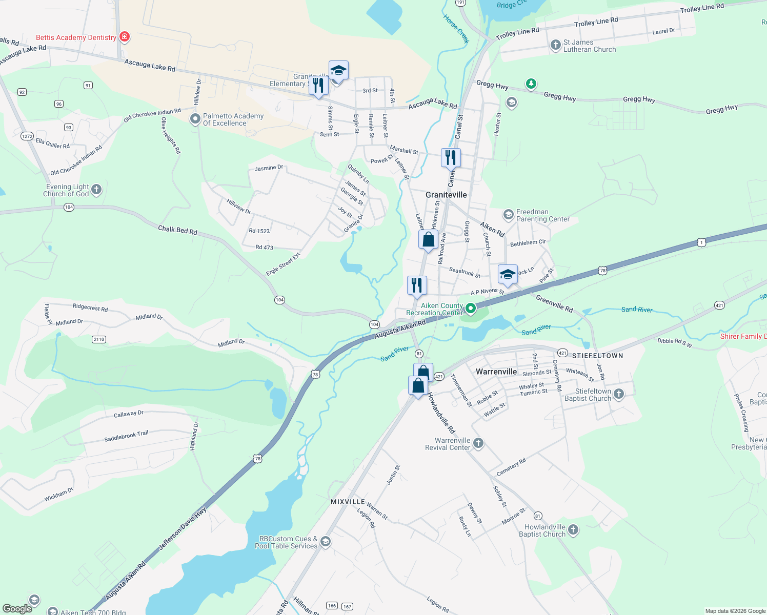 map of restaurants, bars, coffee shops, grocery stores, and more near 410 Baker St in Graniteville