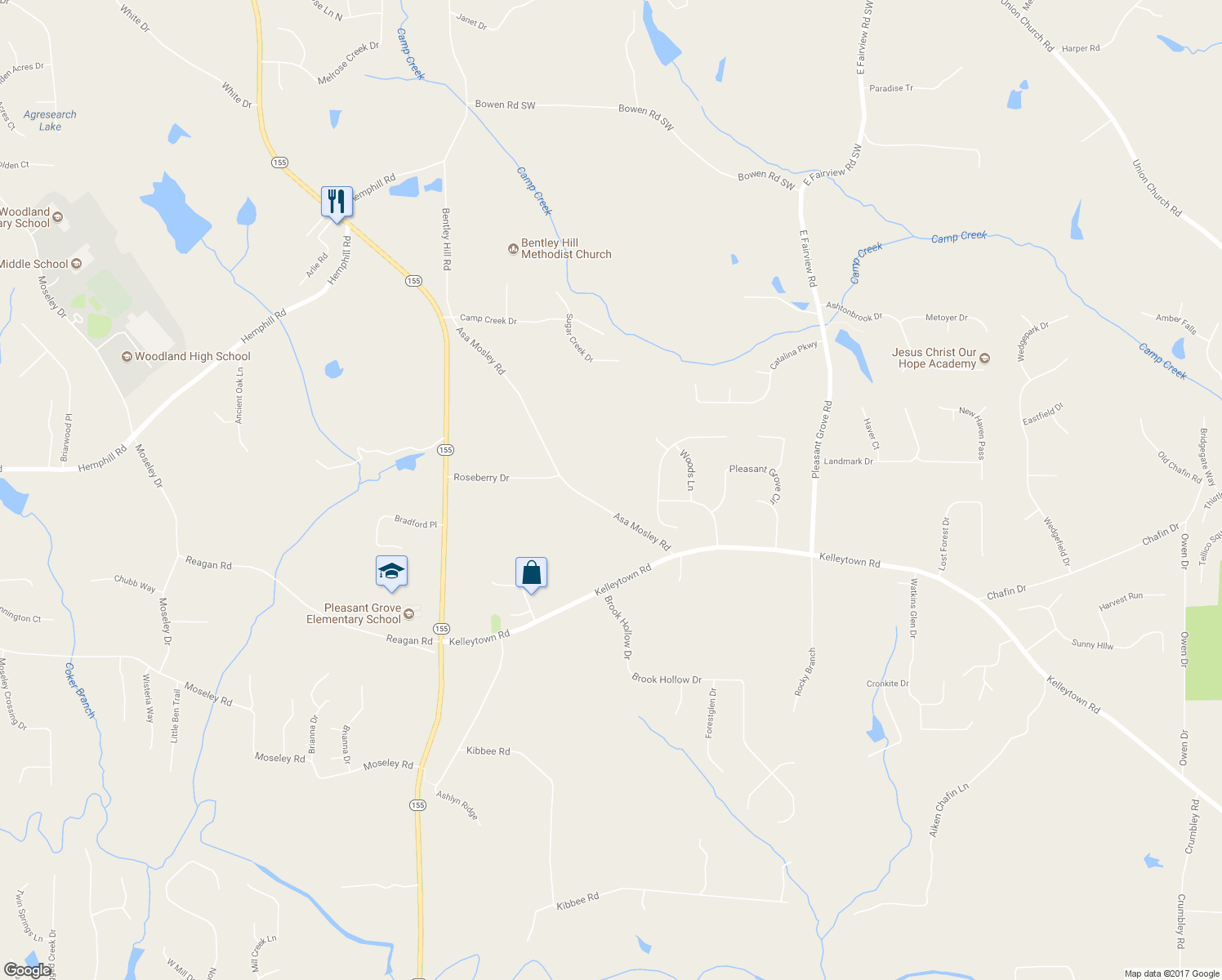 map of restaurants, bars, coffee shops, grocery stores, and more near 154 Asa Mosley Road in McDonough
