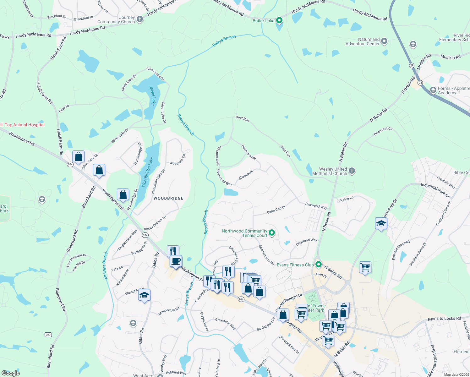 map of restaurants, bars, coffee shops, grocery stores, and more near 670 Deerwood Way in Evans