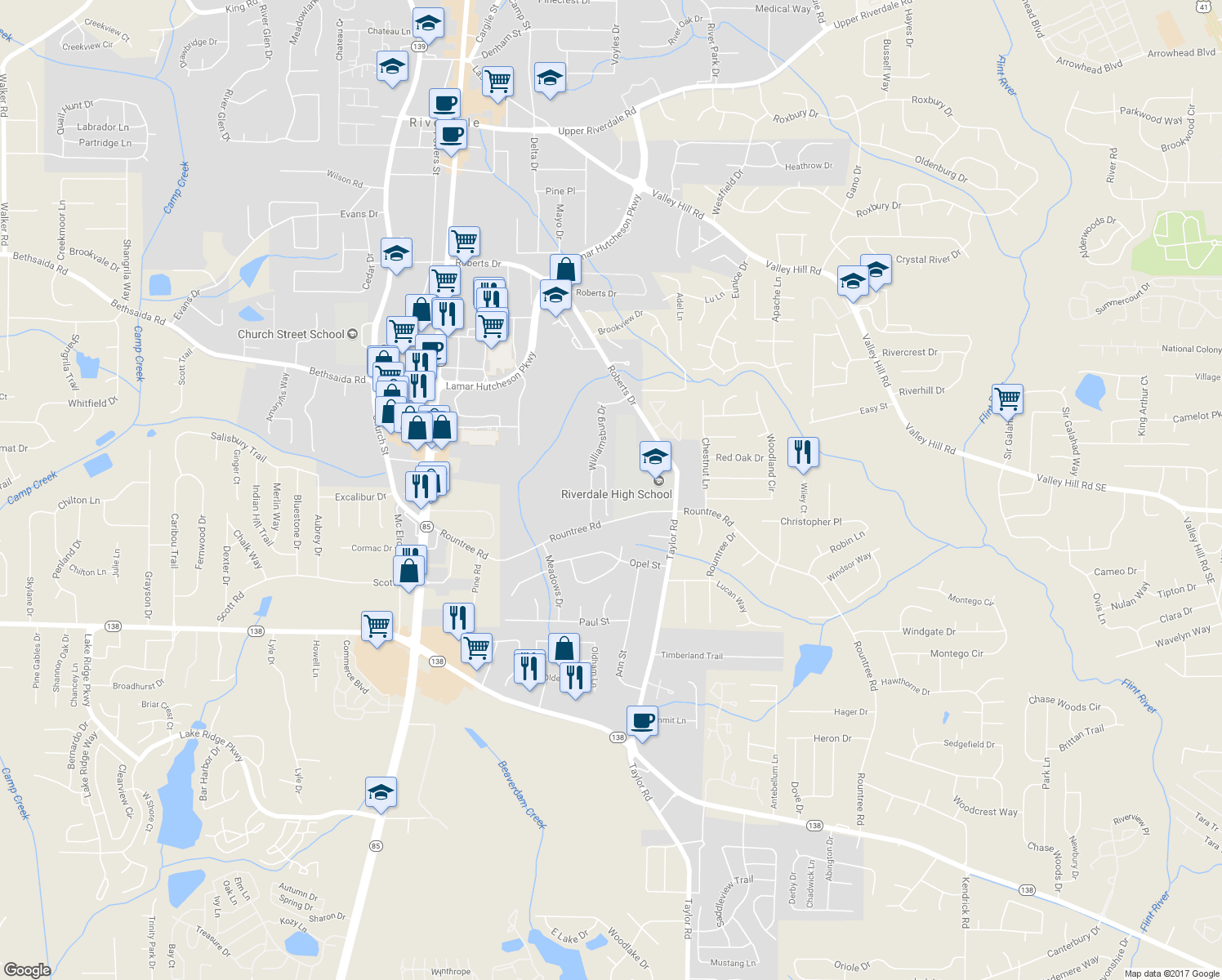 map of restaurants, bars, coffee shops, grocery stores, and more near 7262 Sandpiper Way in Riverdale