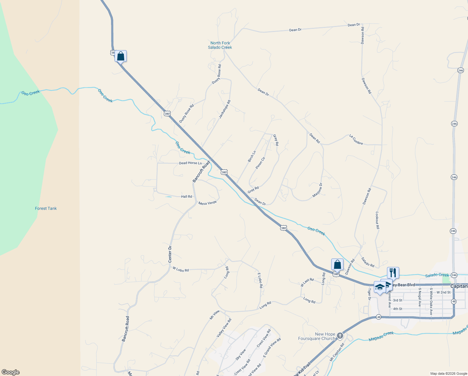 map of restaurants, bars, coffee shops, grocery stores, and more near U.S. 380 in Capitan