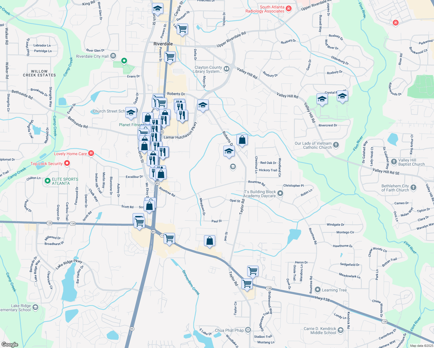 map of restaurants, bars, coffee shops, grocery stores, and more near 7270 Williamsburg Drive in Riverdale