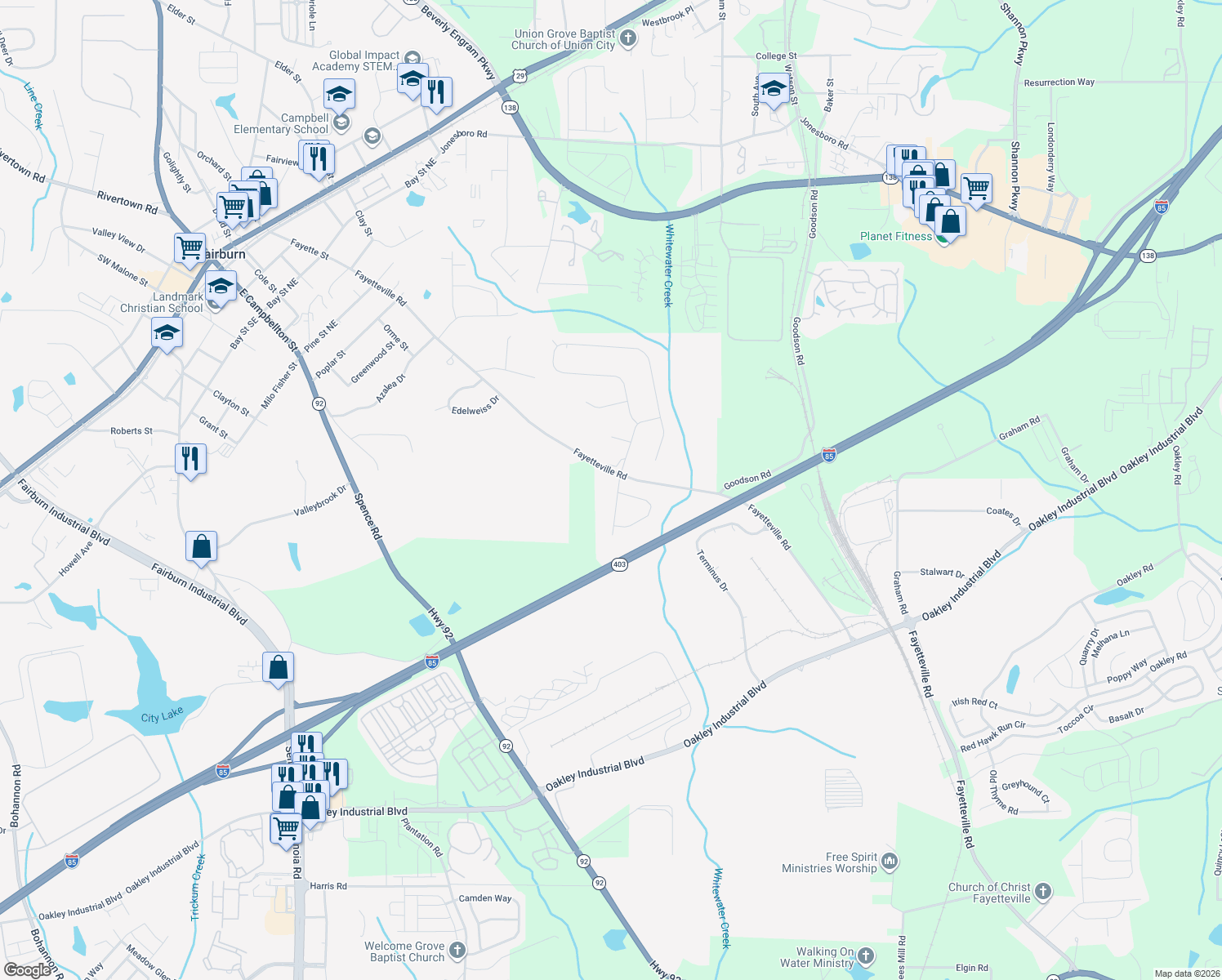 map of restaurants, bars, coffee shops, grocery stores, and more near 1020 Trotters Farm Rd in Fairburn