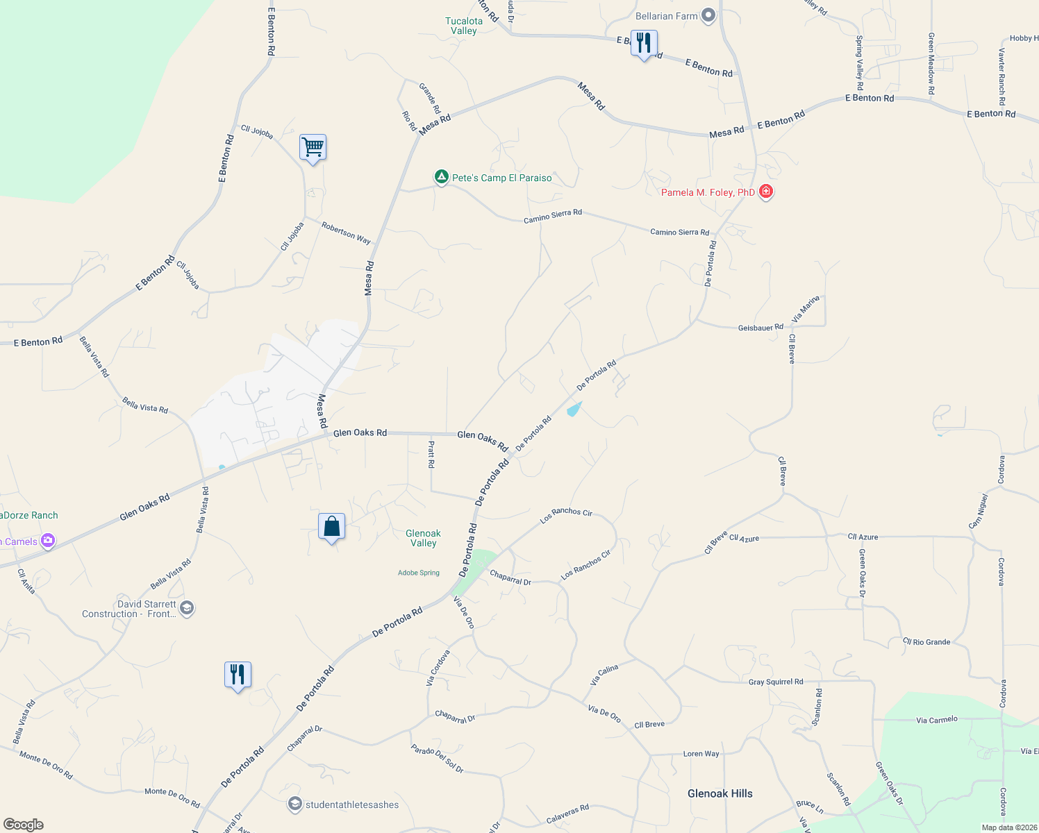 map of restaurants, bars, coffee shops, grocery stores, and more near 41280 De Portola Road in Temecula