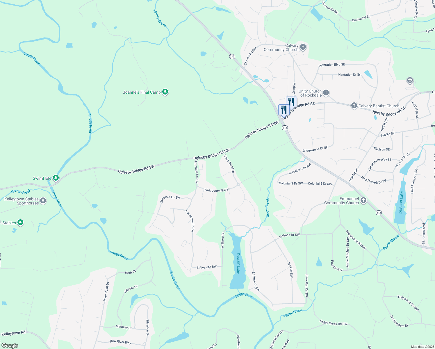 map of restaurants, bars, coffee shops, grocery stores, and more near 2213 Crescent Walk in Conyers