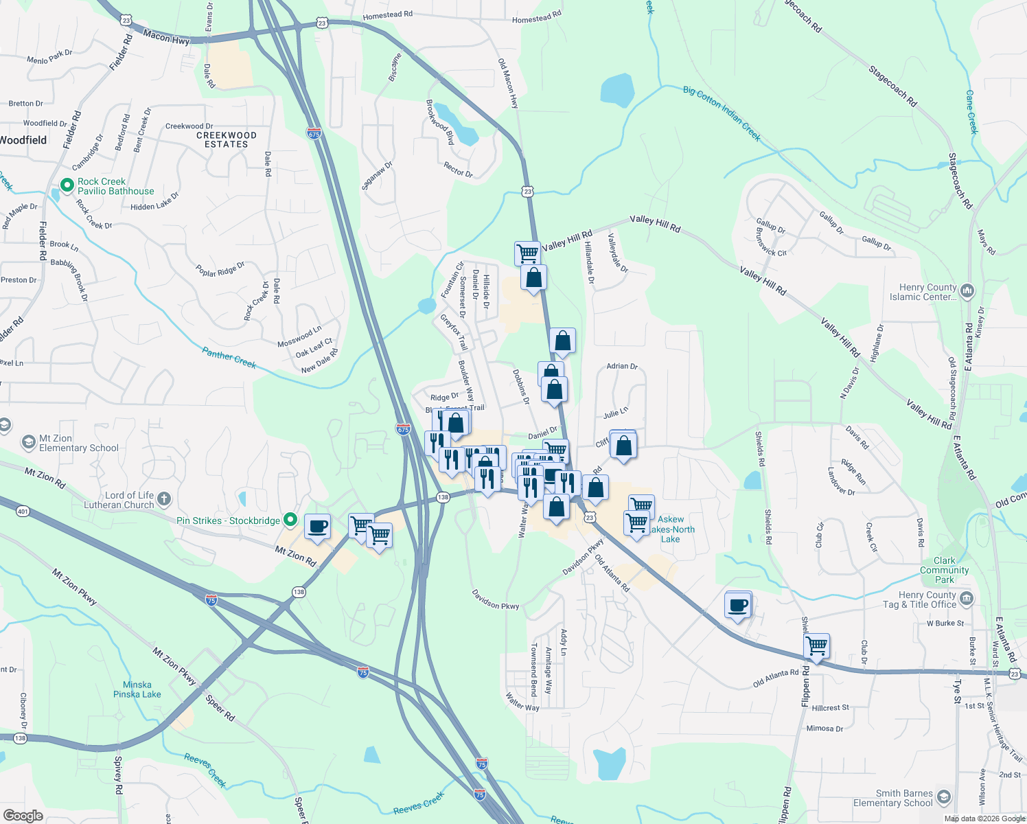 map of restaurants, bars, coffee shops, grocery stores, and more near 35 Daniel Drive in Stockbridge