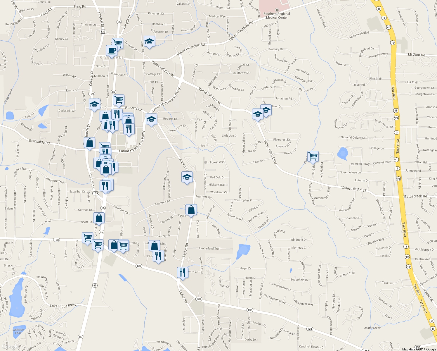 map of restaurants, bars, coffee shops, grocery stores, and more near 221 Red Oak Drive in Riverdale