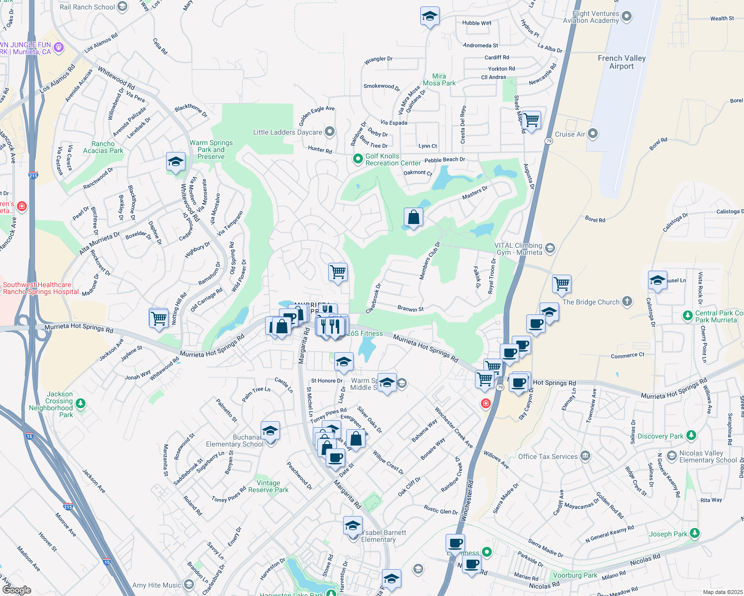 map of restaurants, bars, coffee shops, grocery stores, and more near 38729 Clearbrook Dr in Murrieta