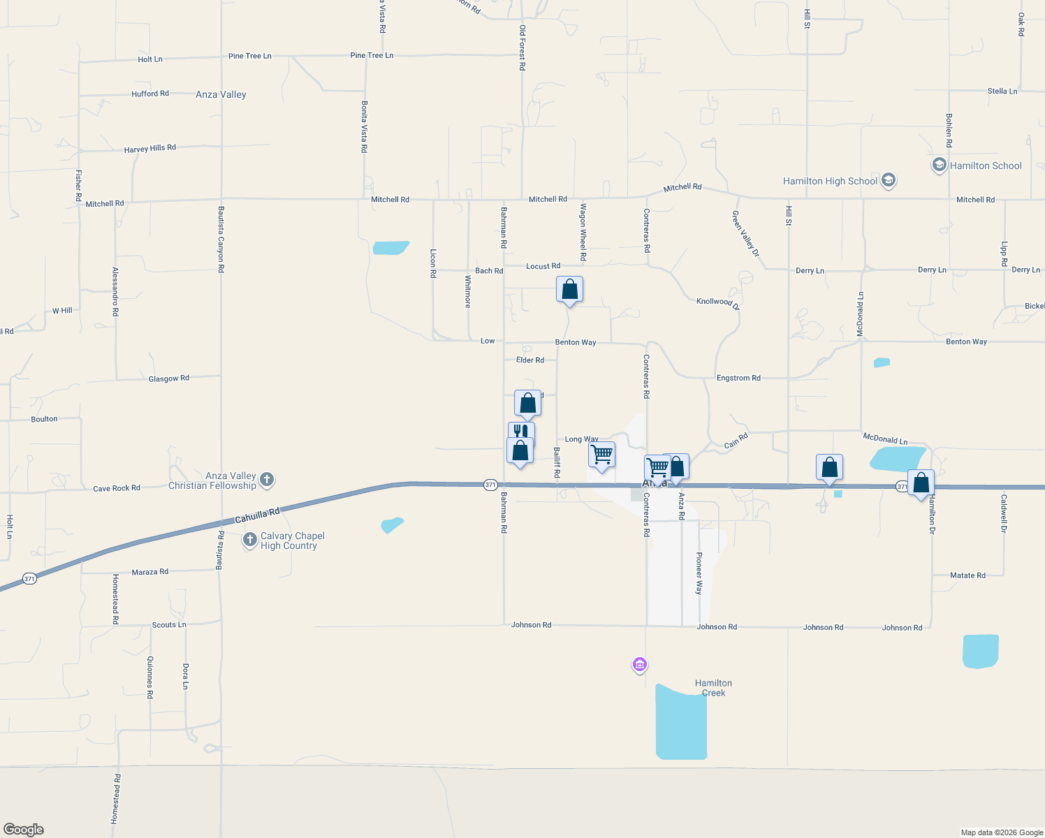 map of restaurants, bars, coffee shops, grocery stores, and more near 38770 Bahrman Road in Anza