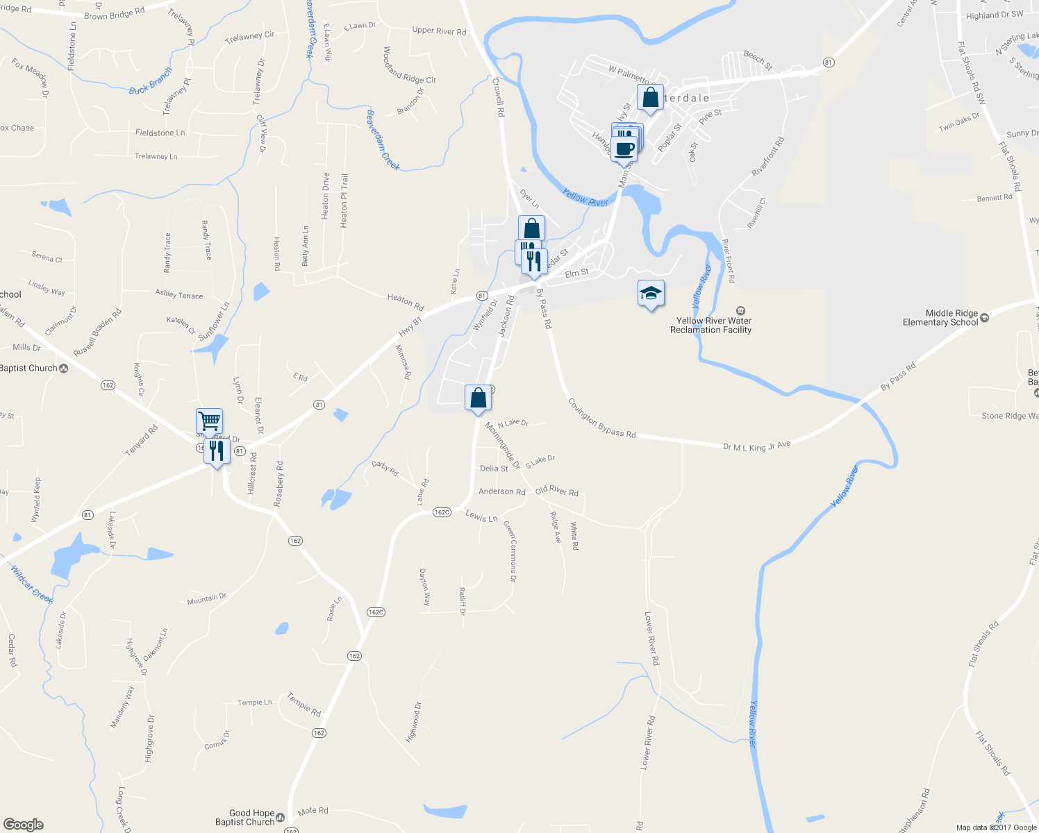 map of restaurants, bars, coffee shops, grocery stores, and more near 555 North Lake Drive in Covington