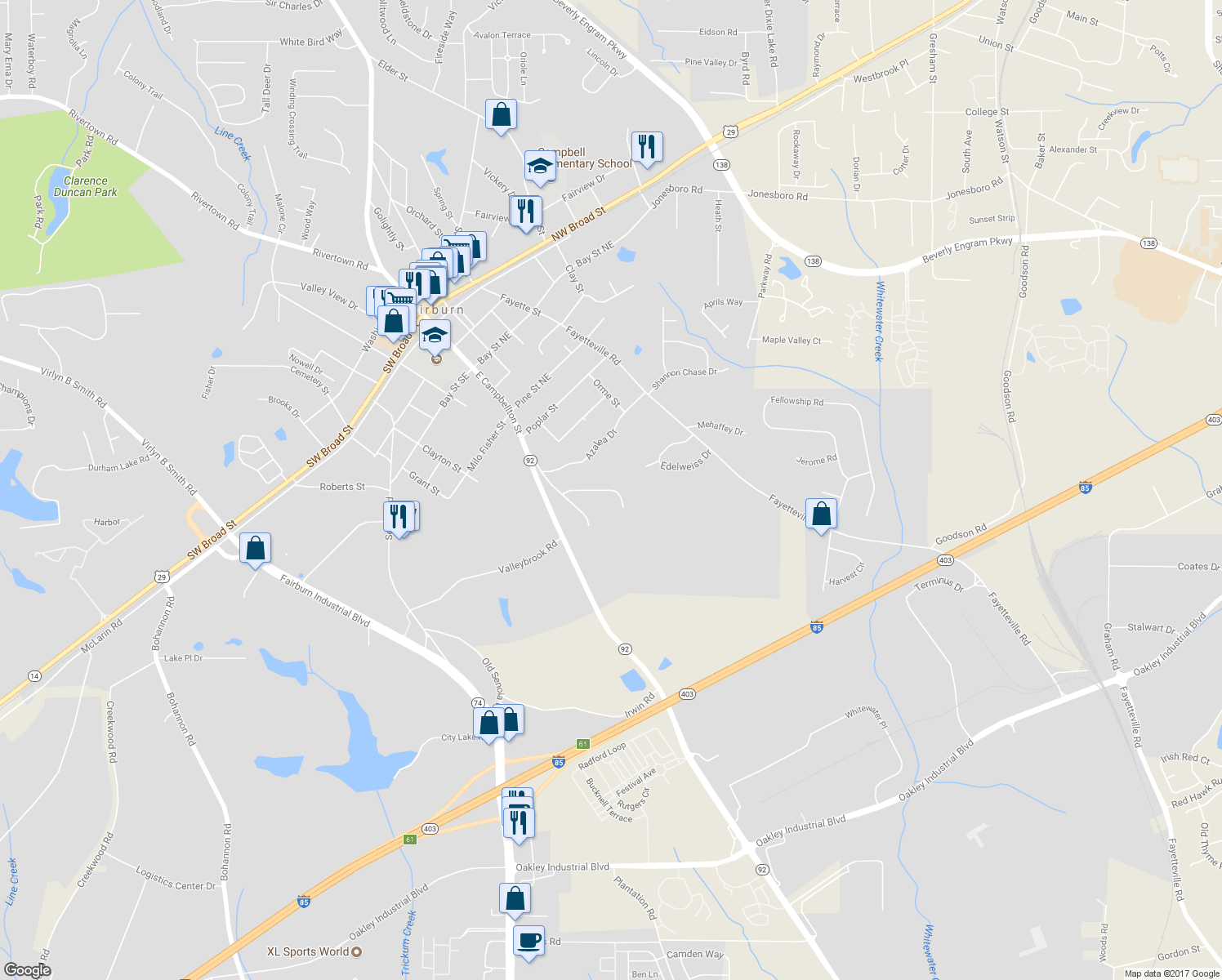 map of restaurants, bars, coffee shops, grocery stores, and more near Willow Creek Road in Fairburn