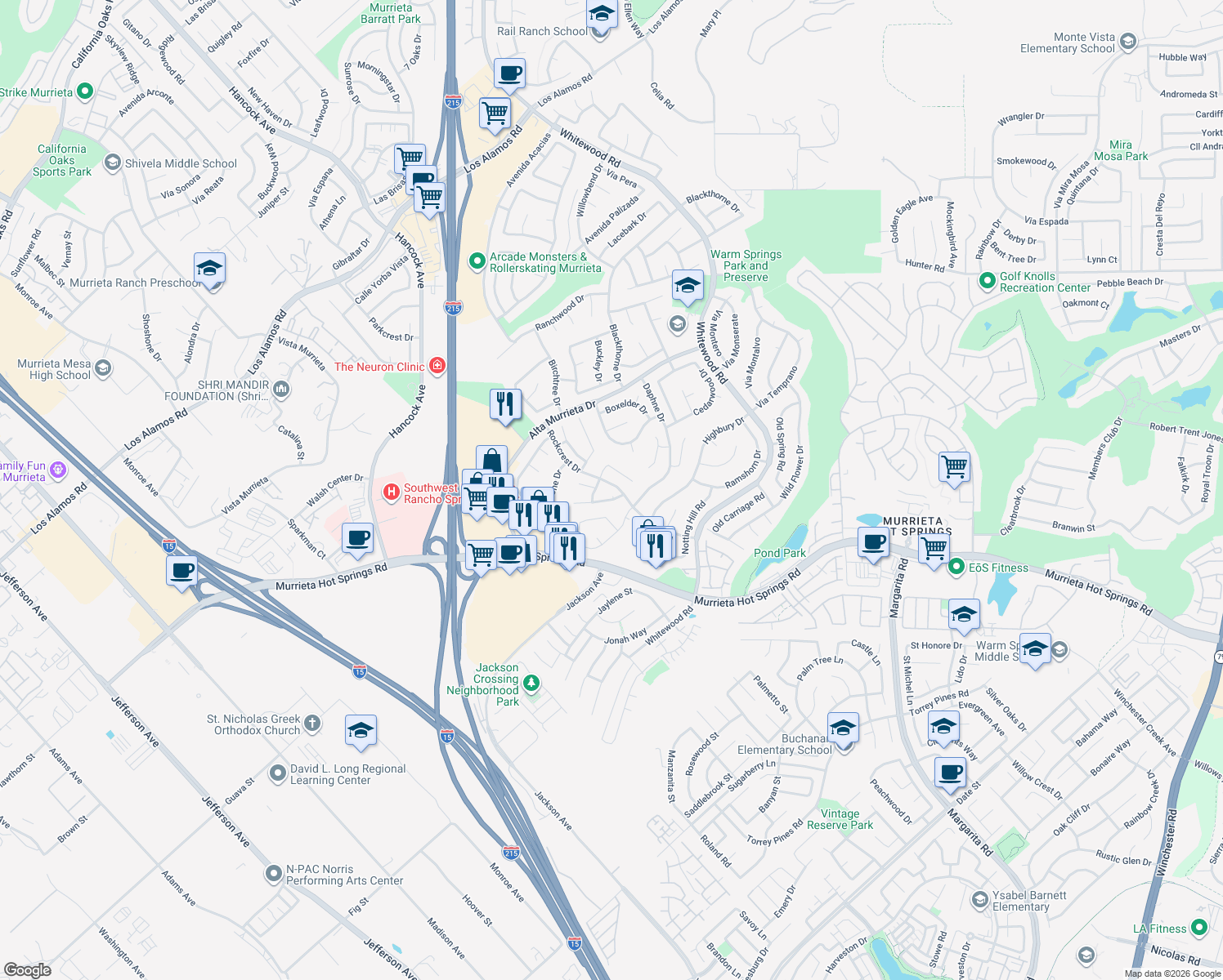 map of restaurants, bars, coffee shops, grocery stores, and more near 25758 Midas Court in Murrieta