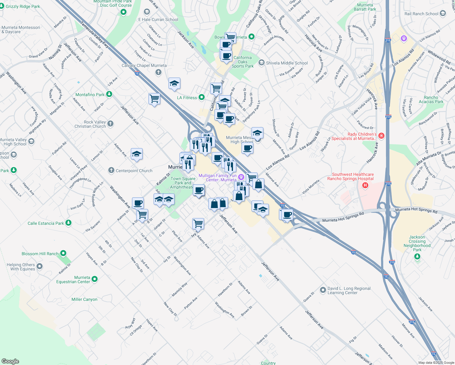 map of restaurants, bars, coffee shops, grocery stores, and more near 24909 Madison Avenue in Murrieta